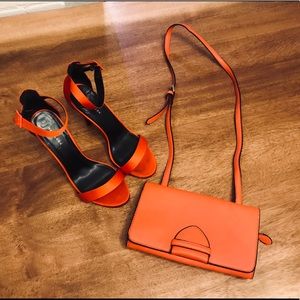 Orange Heels Shoes and matching leather Purse